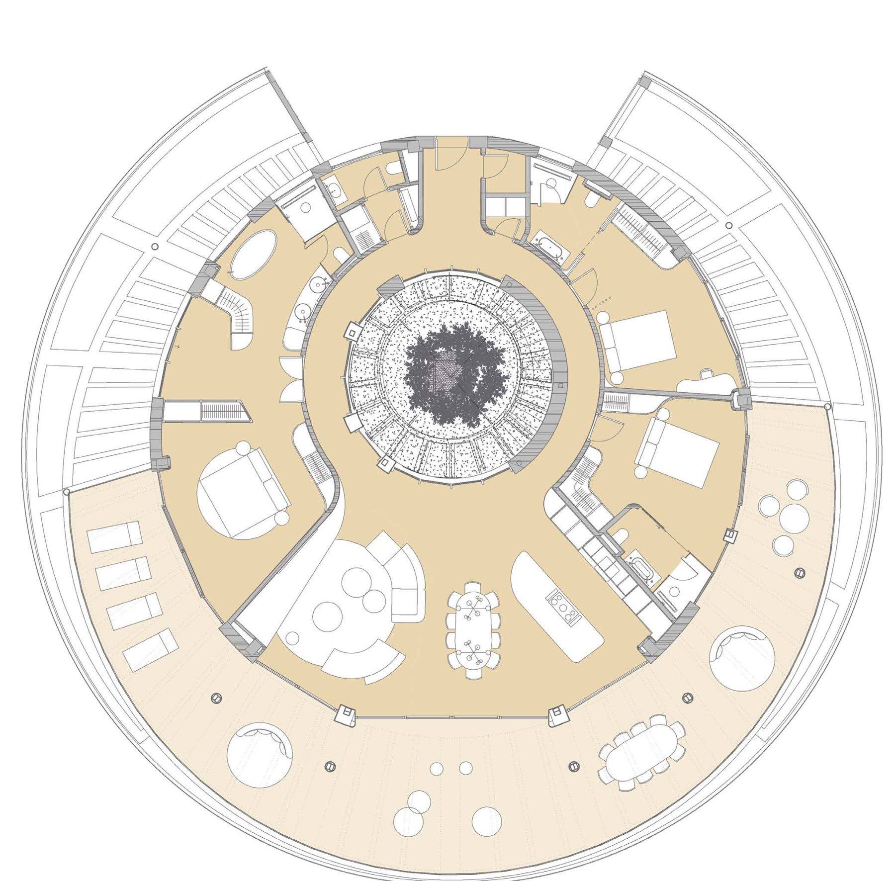The circular floor plate of Atlas Building: rooms arranged around a planted atrium, terrace following the full curve